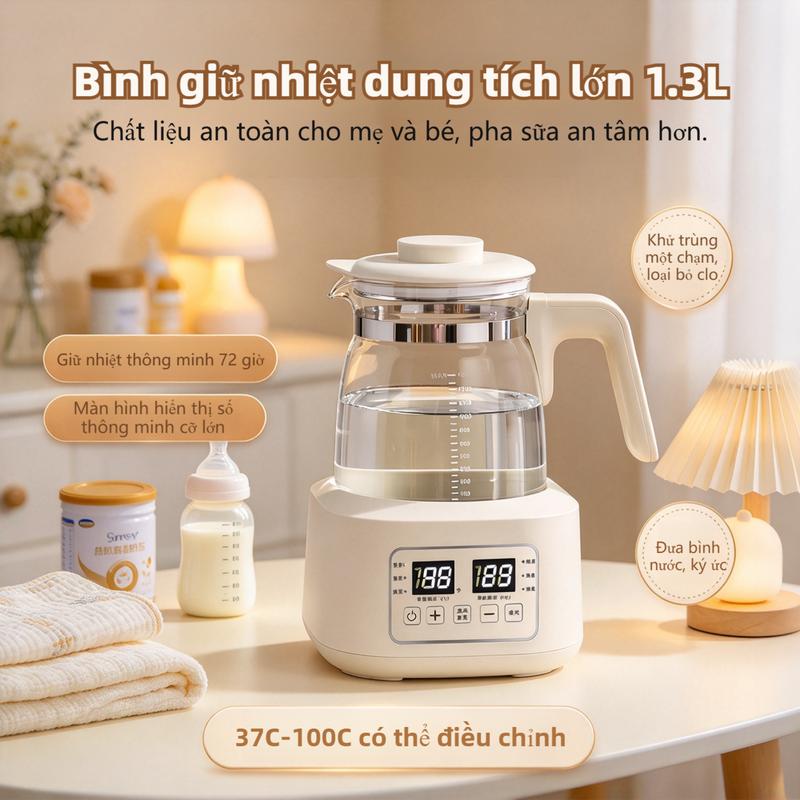 Bình đun nước nhiệt độ ổn định gia đình, bình pha sữa cho trẻ sơ sinh, hiển thị số thông minh, một phím khử trùng, khử chlorine, bộ nhớ 37-100 ℃ , bình đun điện 1.3L cho mẹ và trẻ sơ sinh.