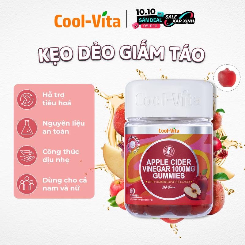 [ƯU ĐÃI GIỚI HẠN] Kẹo Dẻo Giấm Táo Hỗ Trợ Tiêu Hóa, Hỗ Trợ Tăng Cường Miễn Dịch, Bổ sung Vitamin B12 Coolvita (60 viên x 3g)/hộp