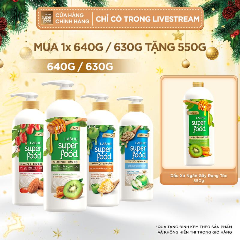 Dầu gội LASHE SUPERFOOD Ngăn Gãy Rụng Tóc Phục Hồi Hư Tổn Sạch Gàu Giảm Rụng Sạch Gàu Mềm Mượt 630G 640G + Tặng Dầu xả 550G V