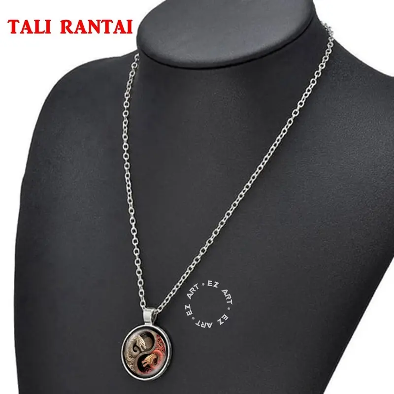 Kalung Liontin Yin Yang Art Kaca Cembung Tali Kulit Rantai Stainless Steel 7