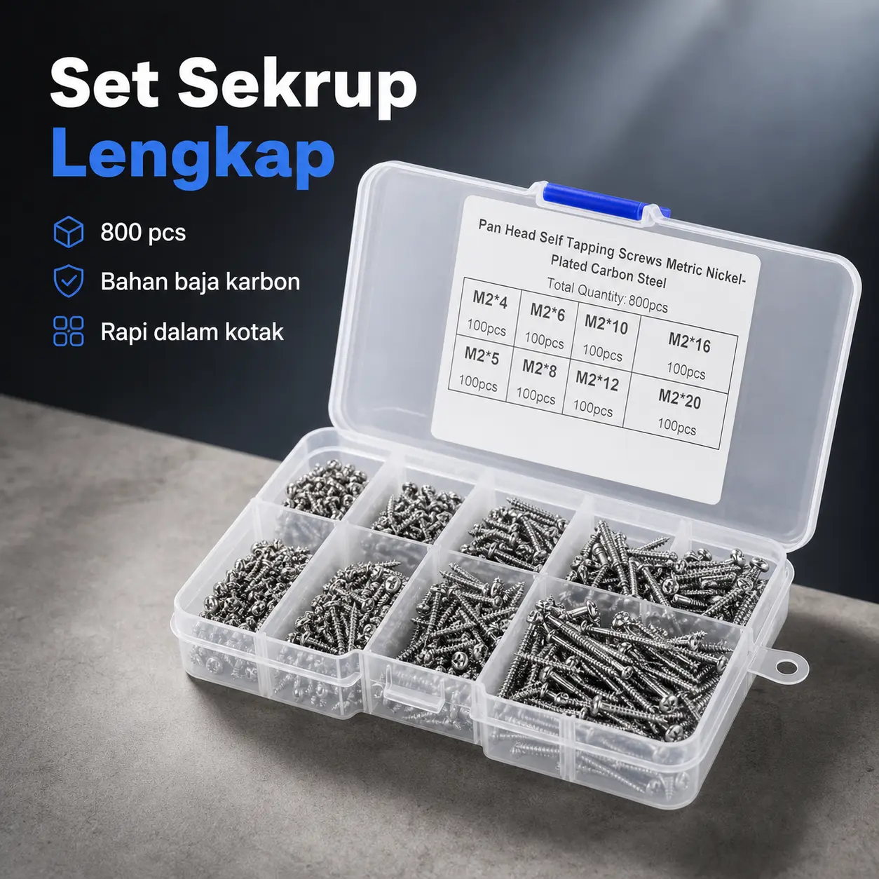 Sekrup Self Tapping M2 Pan Head 800 PCS Baja Karbon Lapis Nikel dalam Kotak Organizer, 8 Ukuran M2x4 hingga M2x20 masing-masing 100 PCS untuk Elektronik, Perakitan dan Proyek DIY