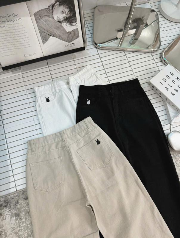 95cm - 100cm Quần Kaki Ống Rộng - Quần Kaki Ống Suông Nữ Thêu Hình Thỏ Chất Jean QC Cao Cấp Mềm Mịn Chuẩn From