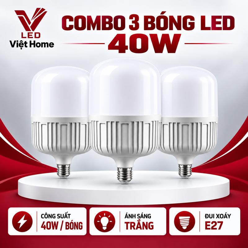 Combo 3 Bóng Đèn 40W Ánh Sáng Trắng LED Việt Home, bảo hành 12 tháng, tuổi thọ cao, chống nước, chống muỗi