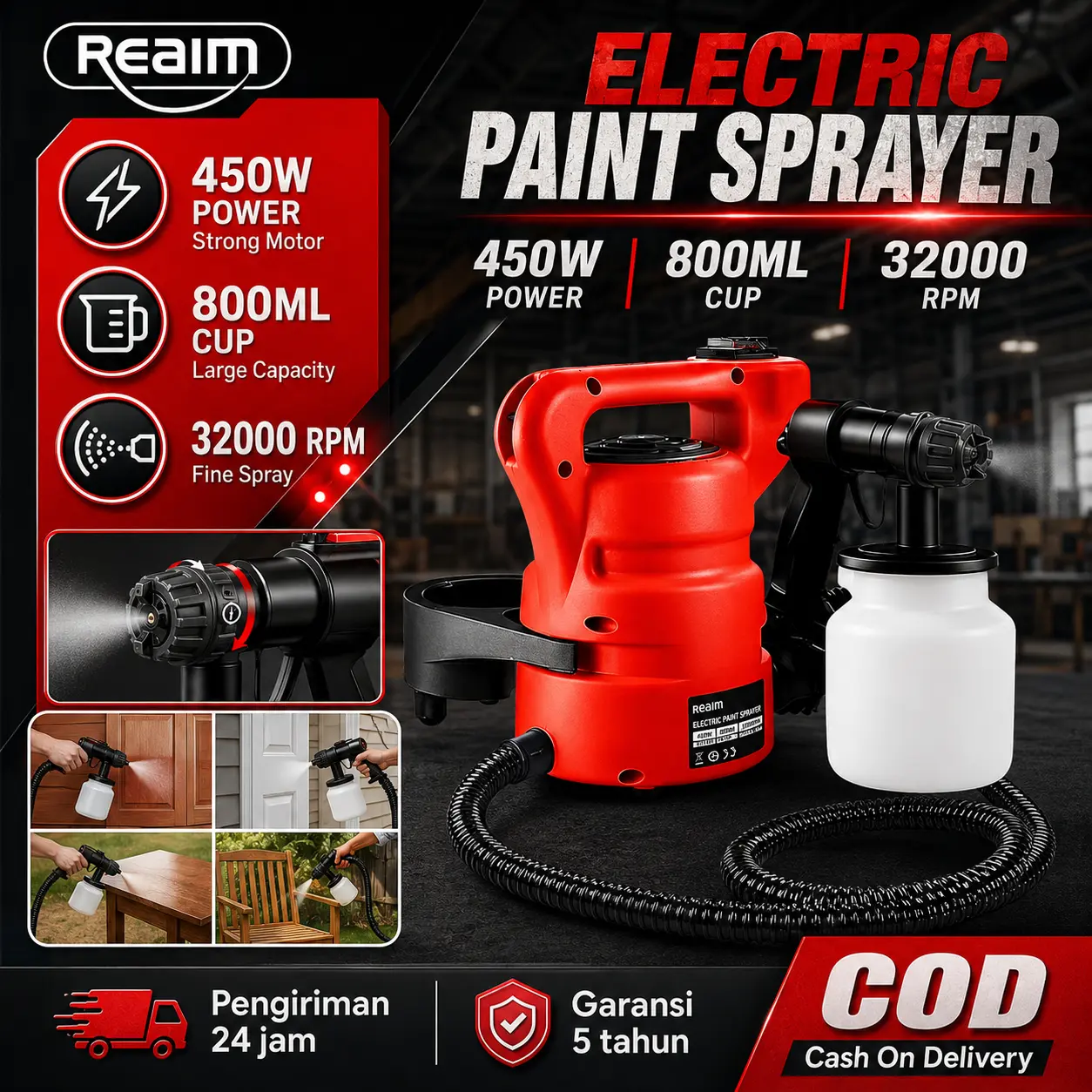 REAIM Re800ML Electric Spray Gun 650Watt Mesin Cat Semprot Elektrik Alat Semprotan Cat Listrik Desain Dapat Dilepas dan Dibongkar Untuk Penggunaan Rumah Tangga Kecil Atomisasi Tinggi Tidak Untuk Minyak Efisien dan Praktis Kualitas Terbaik