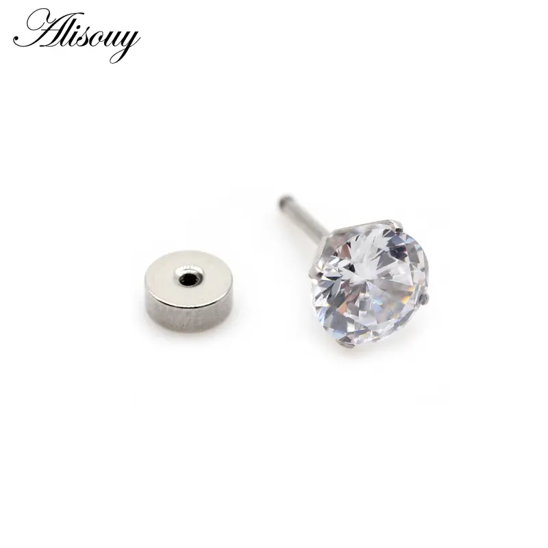Alisouy 2pcs Unisex Women Men Round Crystal Zircon Stainless steel Ear Studs Earrings Barbell Tragus Cartilage Piercing Jewelry 4