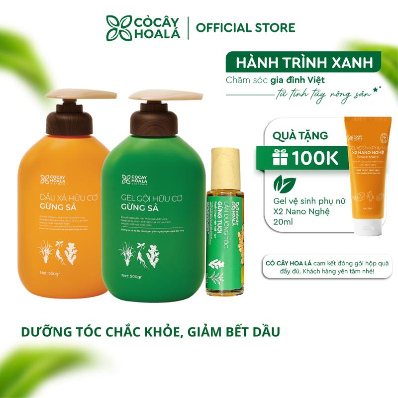 [COMBO DƯỠNG TÓC GỪNG] Combo Dầu Gội Xả Thảo Dược Cỏ Cây Hoa Lá Gừng Sả 500g/chai & Thanh Lăn Hỗ Trợ Làm Dày Tóc Từ Gừng 15g - Hỗ Trợ Giảm Bết Dầu Gàu, Hỗ Trợ Làm Dày Tóc, Dưỡng Tóc Chắc Khỏe