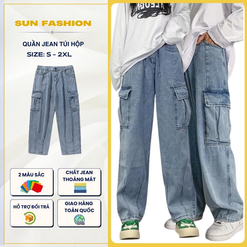 Quần jean túi hộp nam nữ ống rộng SUN 119 MÀU XANH vải jean mềm dễ phối đồ, phong cách hàn quốc unisex Menswear Pants