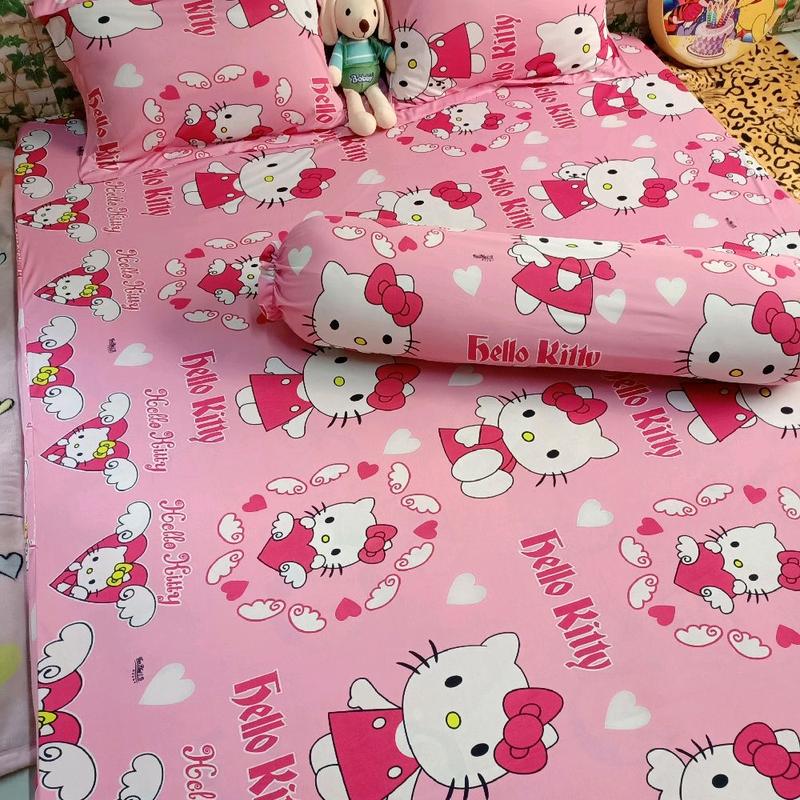 bộ ga gối,thun,HQ, hello kitty, thiên thần, hồng ,(4 món) gồm 2 vỏ gối nằm+1 áo ôm+1 ga  chun , chân nệm 20cm đổ lại, chất vải thoáng mát ,