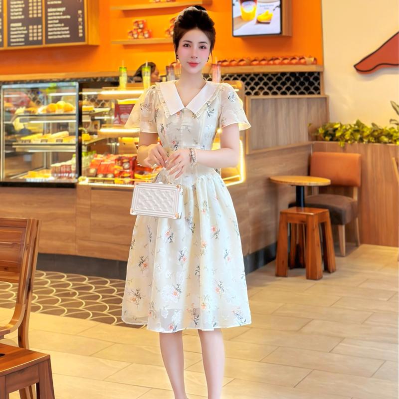 Đầm hoa cổ v dự tiệc sang trọng dáng xòe tay ngắn đẹp thanh lịch thiết kế cao cấp đi tiệc đi chơi eo tôn dáng Lux W Fashion