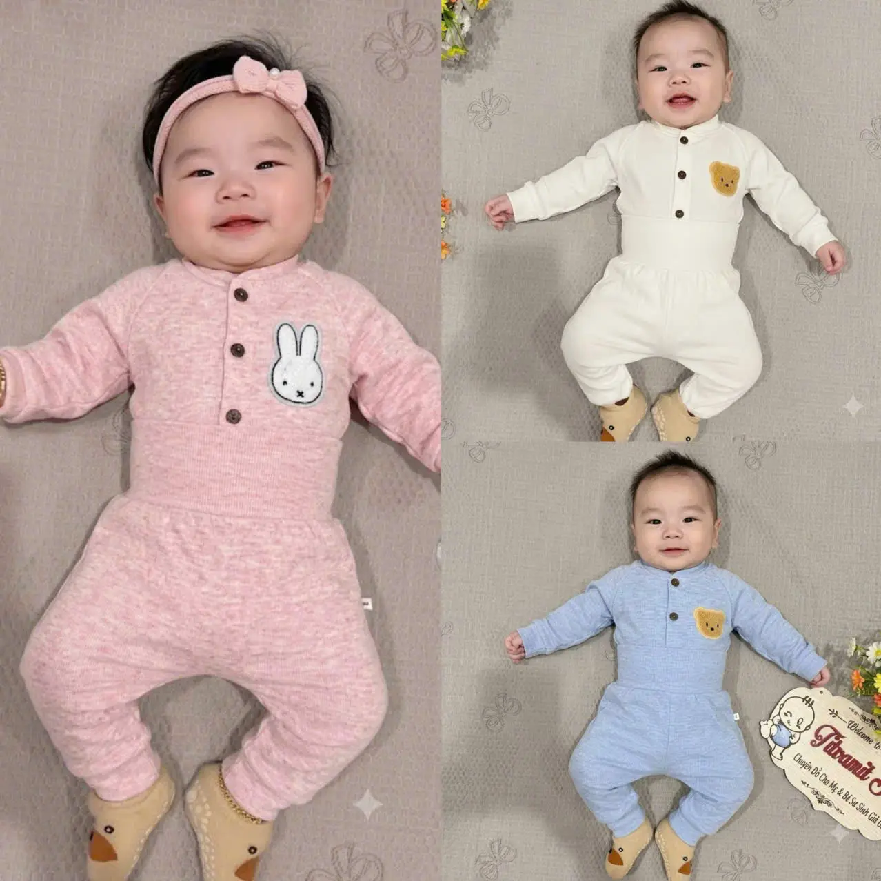 Bộ dài tăm lông thỏ cúc giữa quần cạp cao cho bé trai, bé gái mặc thu đông