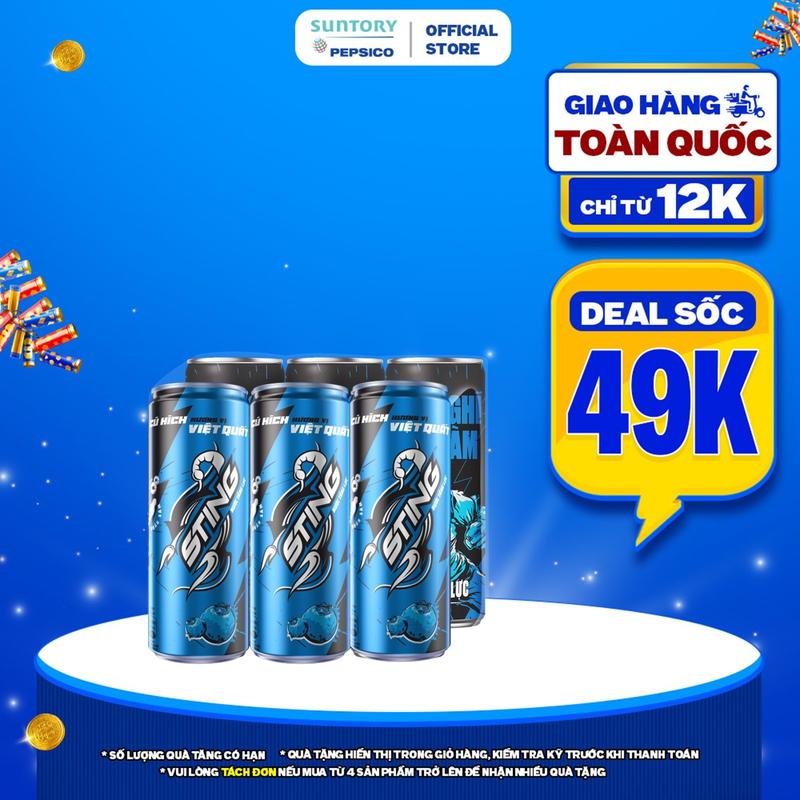 Lốc 6 Lon Nước Tăng Lực Sting Xanh Việt Quất 320ml lốc