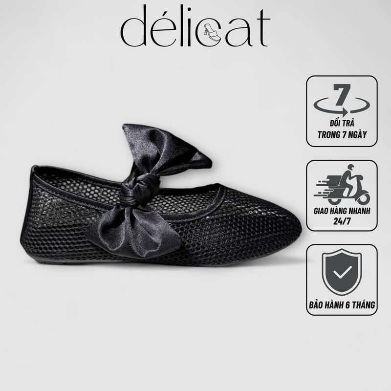  Giày búp bê nữ quai lưới phối nơ lụa xinh xắn sang chảnh tiểu thư đế TPR xịn sò Délicat D228 