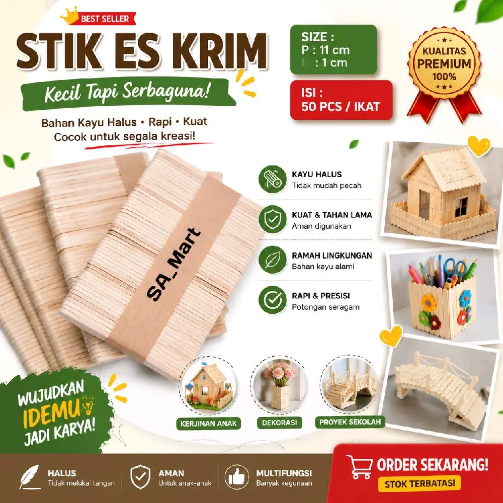 Stik Es Krim Kayu 11x1 cm Isi 50 PCS | Kayu Halus Rapi | Bahan Kerajinan Prakarya DIY Sekolah | Premium Quality