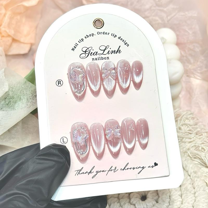 M108 nailbox thiết kế mắt mèo ánh trăng hồng thạch phối charm đi học đi chơi kỉ yếu