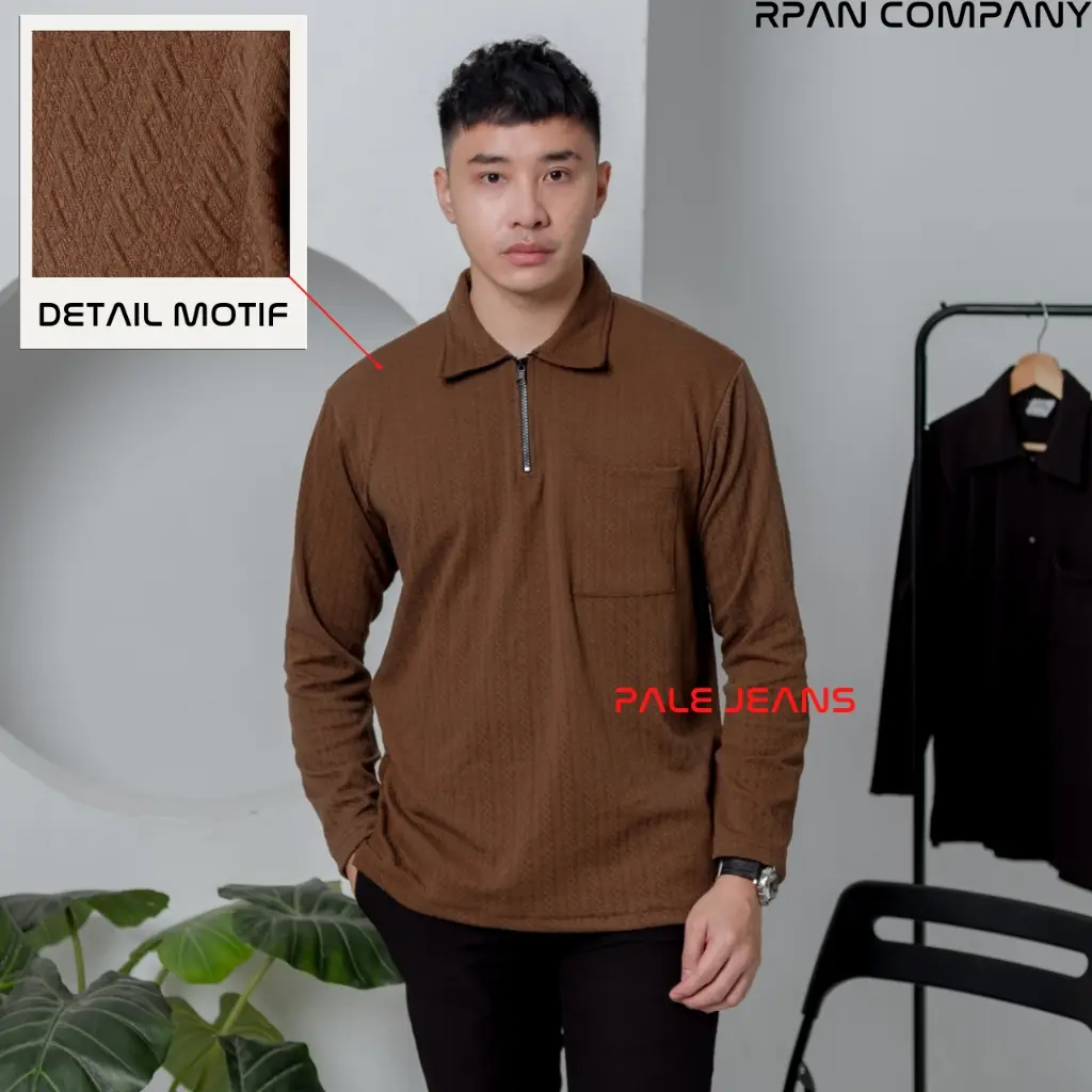 Kaos Polo Knit Pocket Lengan Panjang Motif Pria / Polo Zipper Long Sleeve Knit Fabric / Kaos Tangan Panjang Saku Modern Fit.