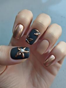 Black & Rose Gold Mirror Press On Nails 100% Handmade | Matte & Glossy 2 in 1 | Medium Oval / New Chinese Square / Medium Almond | 3D Embossed Flower & Pearl | Luxury Chic Style | Super Flattering for All Skin Tones, Vintage Vibes