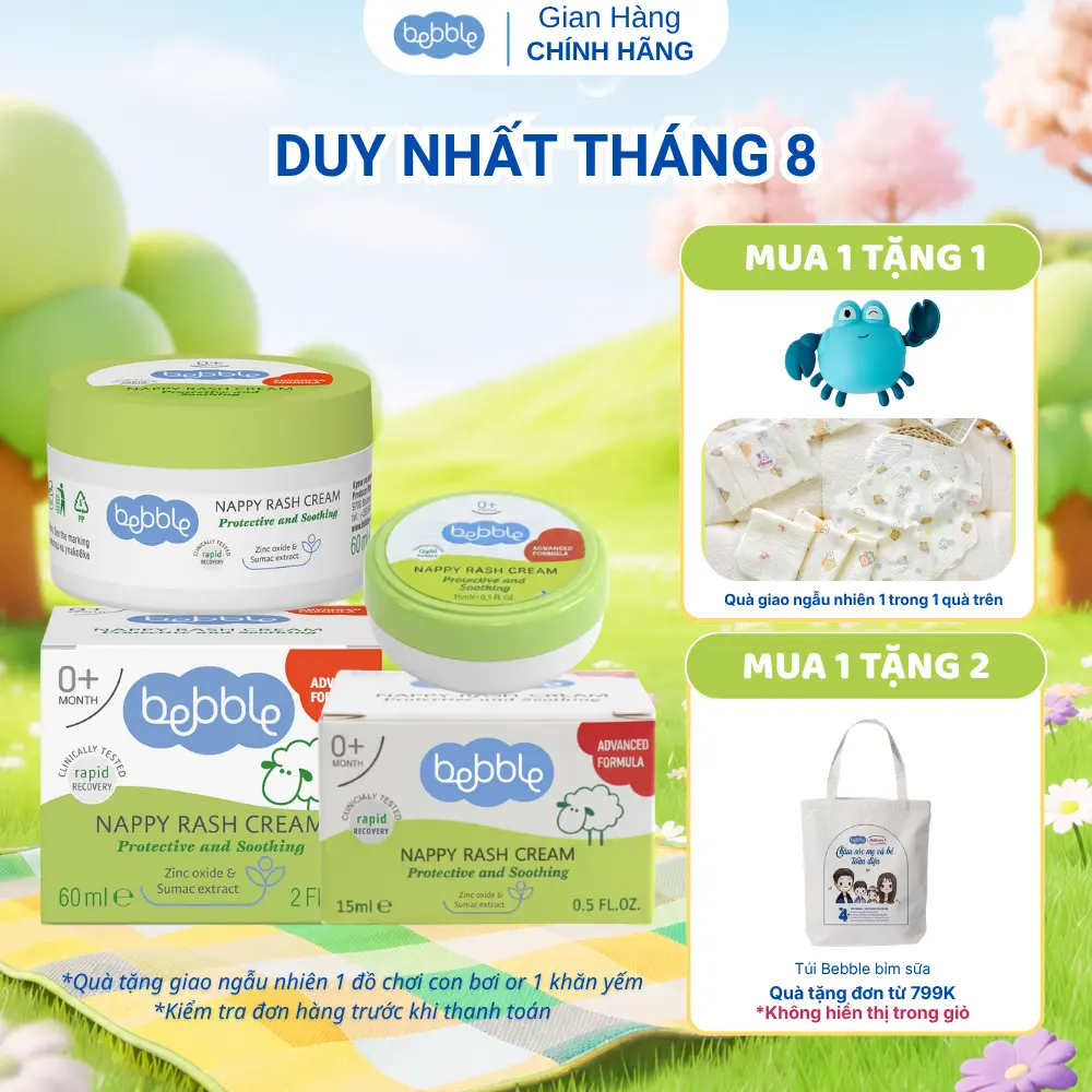[TGMBS] Kem hăm tã Bebble Nappy Rash Cream size 15ml, 60ml, dịu da tức thì, làm dịu vết côn trùng đốt, dùng cho bé từ 0 tháng tuổi
