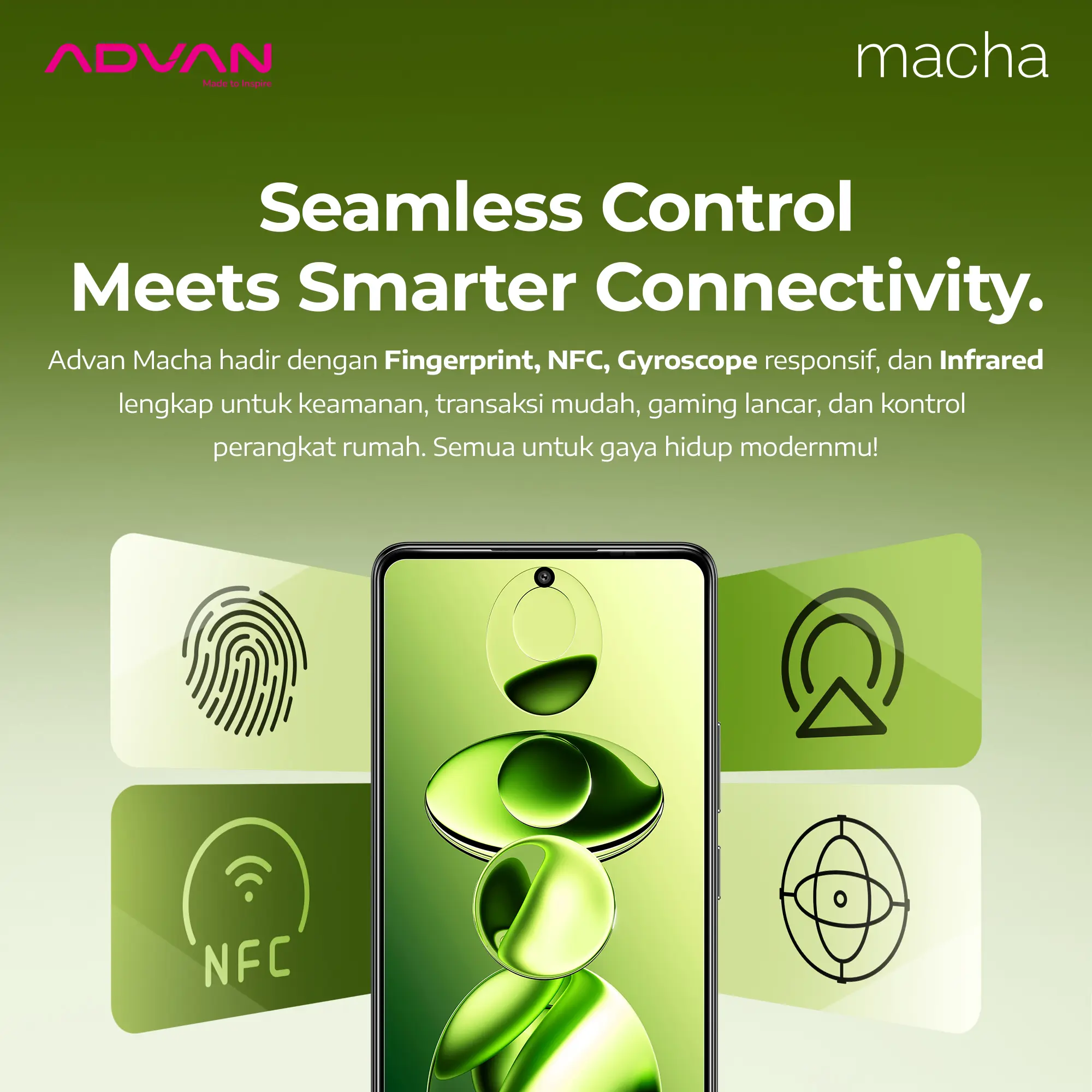 ADVAN MACHA Smartphone 5G Dimensity 7060 8GB/256GB UFS 3.1 NFC Fingerprint 5000mAh Android 15 AMOLED Display 6,67” inch 120Hz 50MP IMX752 AI Assistant Gyroscope Hardware Fast Charging