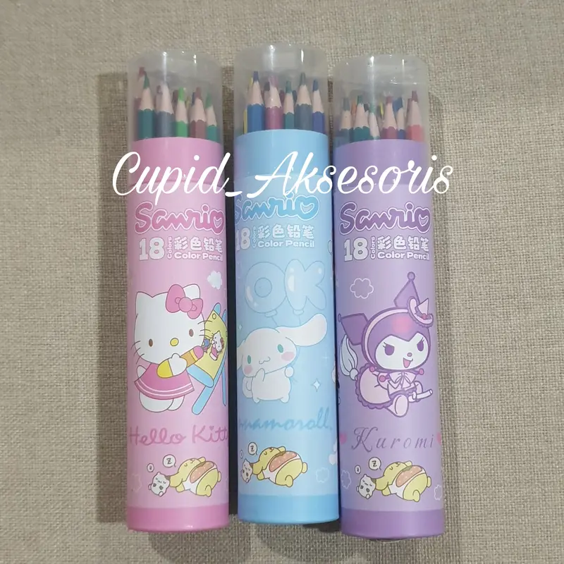 18 PCS PENSIL WARNA DENGAN TEMPAT PENSIL BULAT COLOR PENCIL + RAUTAN KUROMI HELLO KITTY CINNAMONROLL 0
