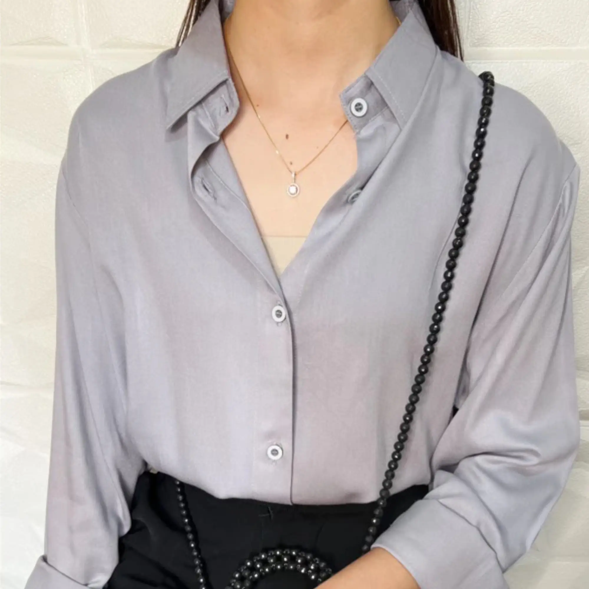 Kemeja Casual Wanita Lengan Panjang Polos Bahan Rayon Twill Premium Variasi Kancing