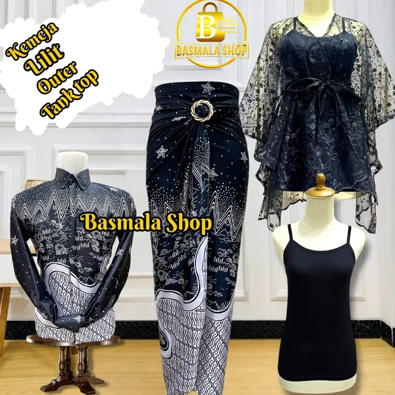 couplean satu set lengkap dengan kemeja lengan panjang atasan outer pita dan inner tank top serta bawahan lilit batik kekinian untuk acara kondangan wisudah dan lain nya 0