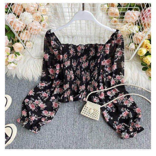 Product Introduction of Retro Floral Crop Top for Women Long Sleeve High-waisted Short Blouse Off-shoulder Shirt 12