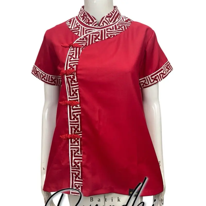 ￼Dayardhi Baju batik merah sanghai batik cheongsam merah polos Wanita Atasan Pendek Katun Dewasa 1