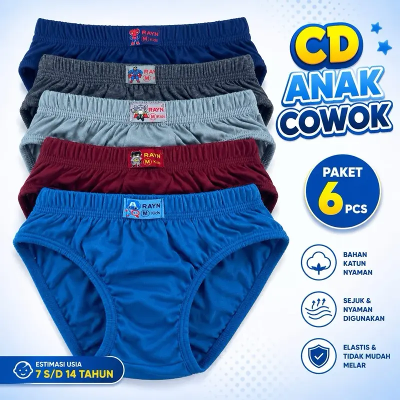 CD Anak Cowok Paket 6 PCS Bahan Katun Nyaman Sejuk & Nyaman Digunakan Elastis Tidak Mudah Melar untuk Usia 7 S/D 14 Tahun