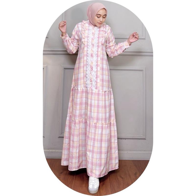 MOZHASHAFURA. Cloth - KIARA DRESS Bahan Katun Kotak Triset Doby Halus Lembut Gamis Muslim Basic Casual Kancing Busui Wudhu Friendly Variasi Renda Bordir Mewah 1