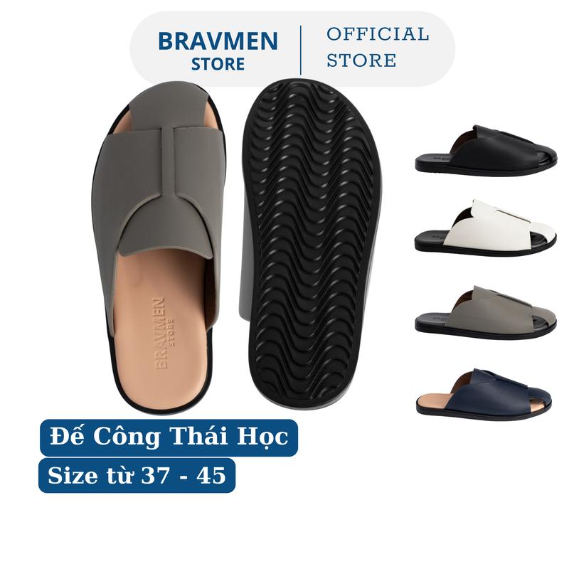 Dép da nam Công Thái Học quai ngang kiểu Loafer hở mũi Bravmen dép da thiết kế nửa mũi đế bằng tối giản êm chân K20