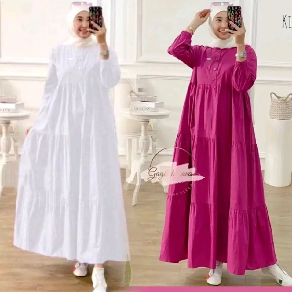 Gamis susun Polos Kirania dress Rayon tebal / Fashion Muslim / Kancing depan Panjang