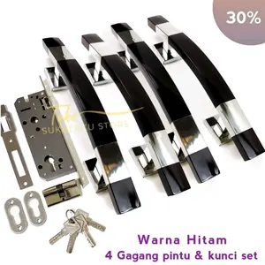 Gagang Pintu Model Sabit Lengkung Mewah Warna Hitam - 4 pcs dan Body Kunci Silinder, Stainless Steel 304 Tebal Anti Karat