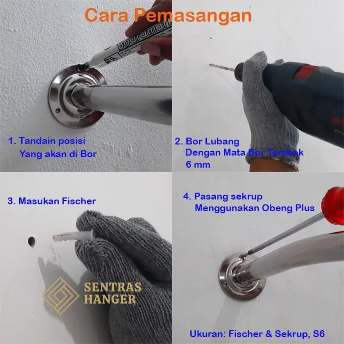 Gantungan Baju Klasik Stainless Steel 125 cm, 1 Baris Tempel Dinding Anti Karat Hanger 4