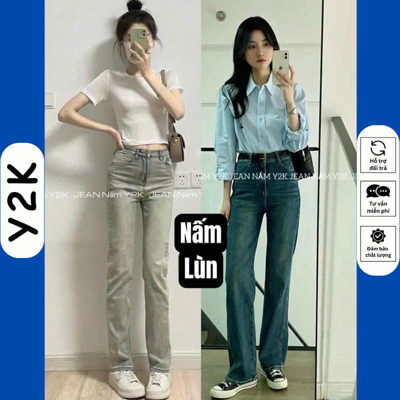 (JEAN NẤM LÙN) Quần Ống Đứng Nữ m50 Jean Cho Nấm Lùn Màu Phủ Dơ 9 Tấc 90cm Lưng Cạp Cao Bò Rin Jeans Y2K Women Pants Ong size xs