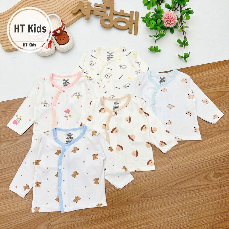 Combo 3/5 Áo Sơ Sinh Dài Tay Thun Lạnh Petit Nền Trắng Viền Màu Họa tiết Mềm Mát Cho Bé Size 3-9kg AO36