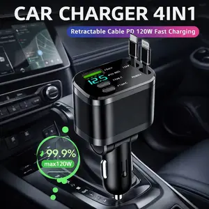 COD 2026 Car Charger 4 in 1 Kabel Bisa Ditarik 100W Daya Besar Cocok untuk Huawei, Xiaomi, Apple, iPhone，Mobil Listrik Universal，Kepala Charger Mobil Cepat Pengisian Charger Mobil 200W Super Fast Charging USB Type C USB Type C 4 Port Digital Display Charg
