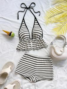 Conjunto de verano para mujer sexy con top de volantes y lazo sin espalda con bloque de color y shorts, patrón de piña a rayas para vacaciones en la playa