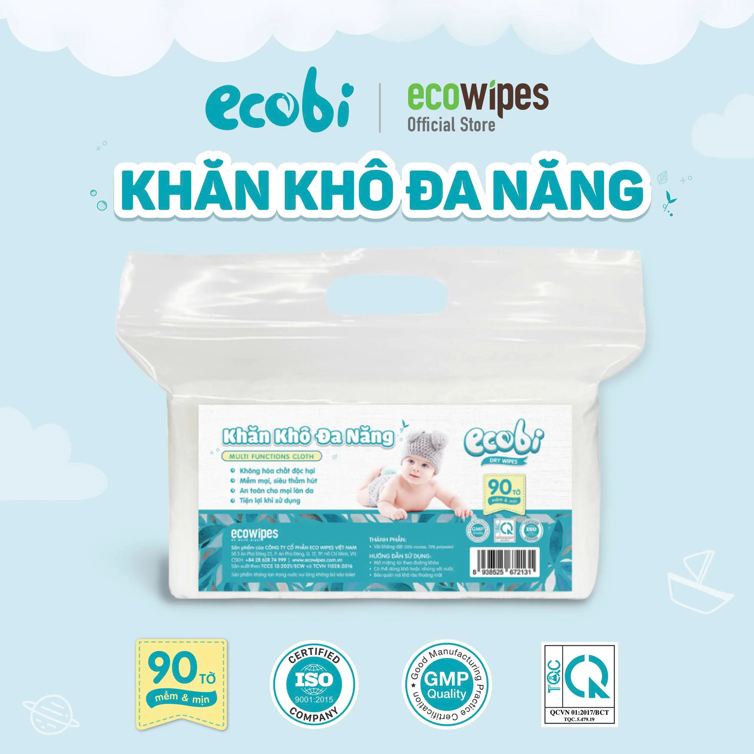 Combo 3 túi Khăn vải khô Ecobi Đa năng cao cấp an toàn cho bé, siêu tiết kiệm mềm mịn dai thấm hút tốt