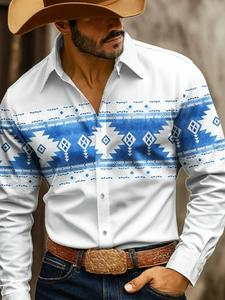 Camisa de hombre con estampado geométrico estilo azteca, vaquera occidental de manga larga, vintage para acampar al aire libre, senderismo, caza, primavera otoño, con solapa y botones impresos en 3D