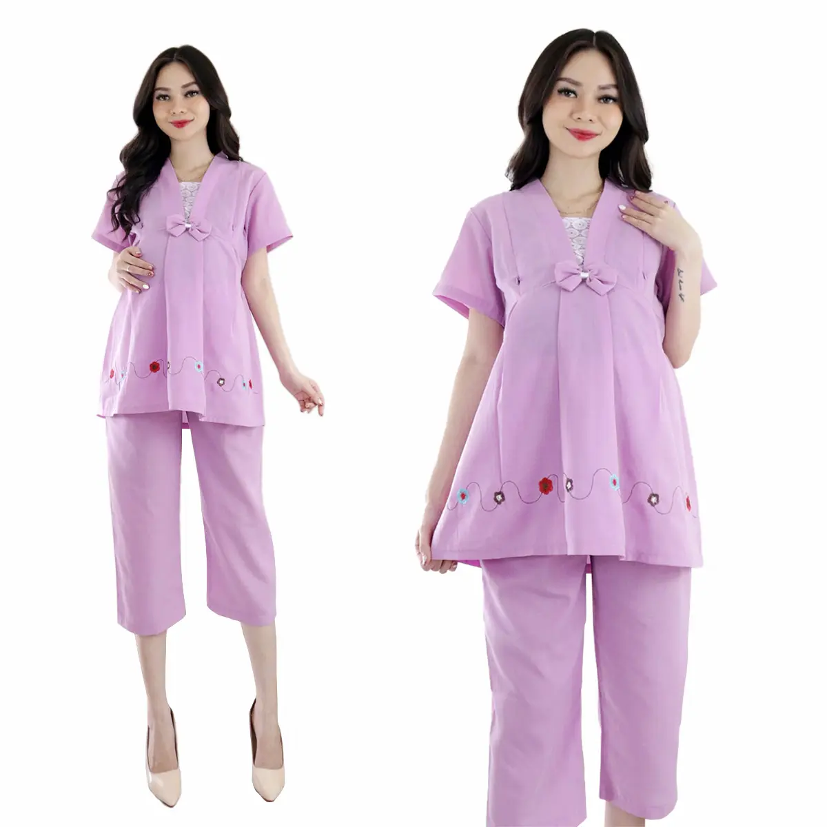 Baju Setelan Hamil dan Menyusui Kekinian Model Casual Lengan Pendek Bahan Katun Adem Kancing