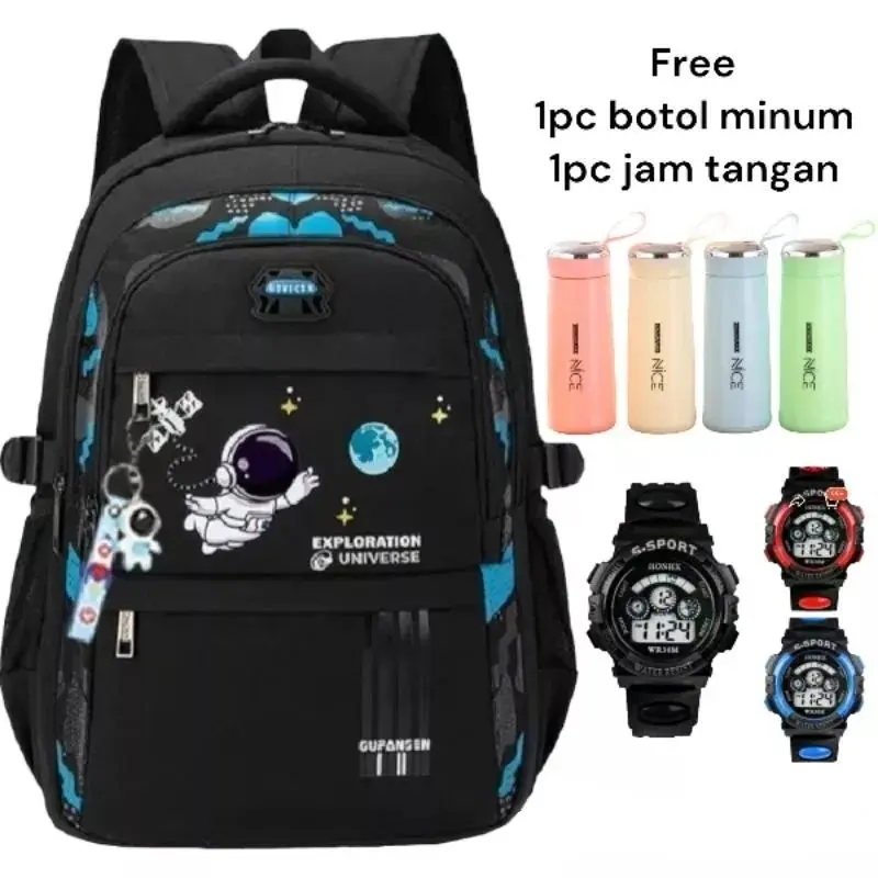 Beli 1 dapat 3 Item - Tas Ransel sekolah Anak SD SMP Motif Astronot Fashion Anak - Tas Sekolah Anak Cowok Laki Perempuan Berbonus Jam Tangan dan Botol Minum Cantik