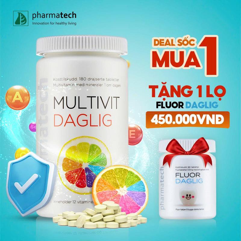Viên uống bổ sung vitamin và khoáng chất Multivit Daglig - Hộp 180 viên - Nhập khẩu chính hãng từ Na Uy chất lượng Châu Âu