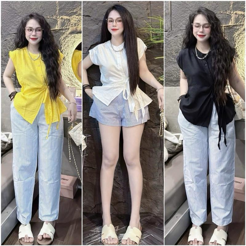  Áo Sơ mi kiểu cổ tàu chất cao cấp thắt nơ cách điệu .Áo Bigsize nữ buộc nơ eo tôn dáng.Ms :45.      full-size:45-85kg 