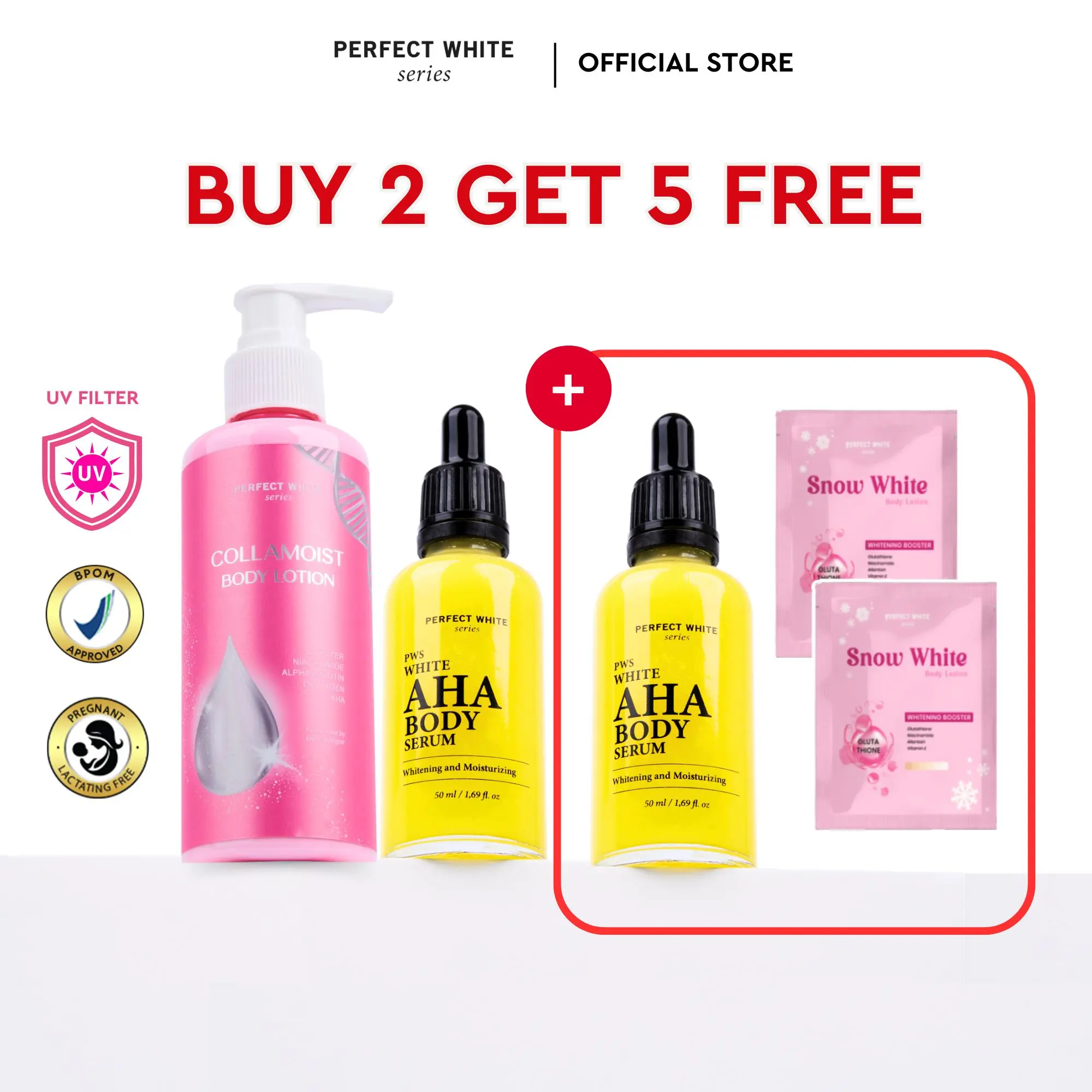 [BUY 2 GET 5] PERFECT WHITE Collamoist Whitening Body Lotion 200ml + 2pcs AHA Body Serum 50ml + Free 2pcs Sachet Snow White | Perawatan Mencerahkan Pencerah Tubuh Kusam Noda Bekas Hitam Collagen, Glycolic Acid, Niacinamide, Lactic Acid, Arbutin