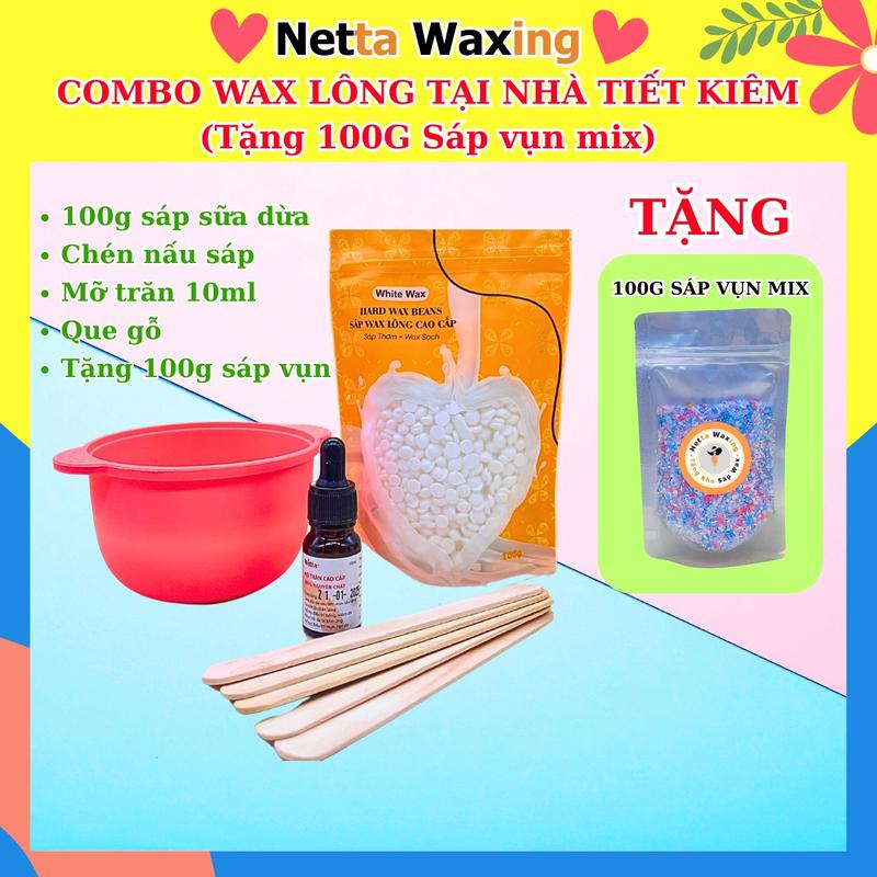 [TẶNG 100G SÁP] Combo Wax Lông Tại Nhà đơn giản, tiết kiệm (100g sáp dừa, 1 chén silicone nấu sáp, mỡ trăn,5 que gỗ waxing), wax nách, wax râu, wax ria mép Nữ, wax tay Women Cạo Râu