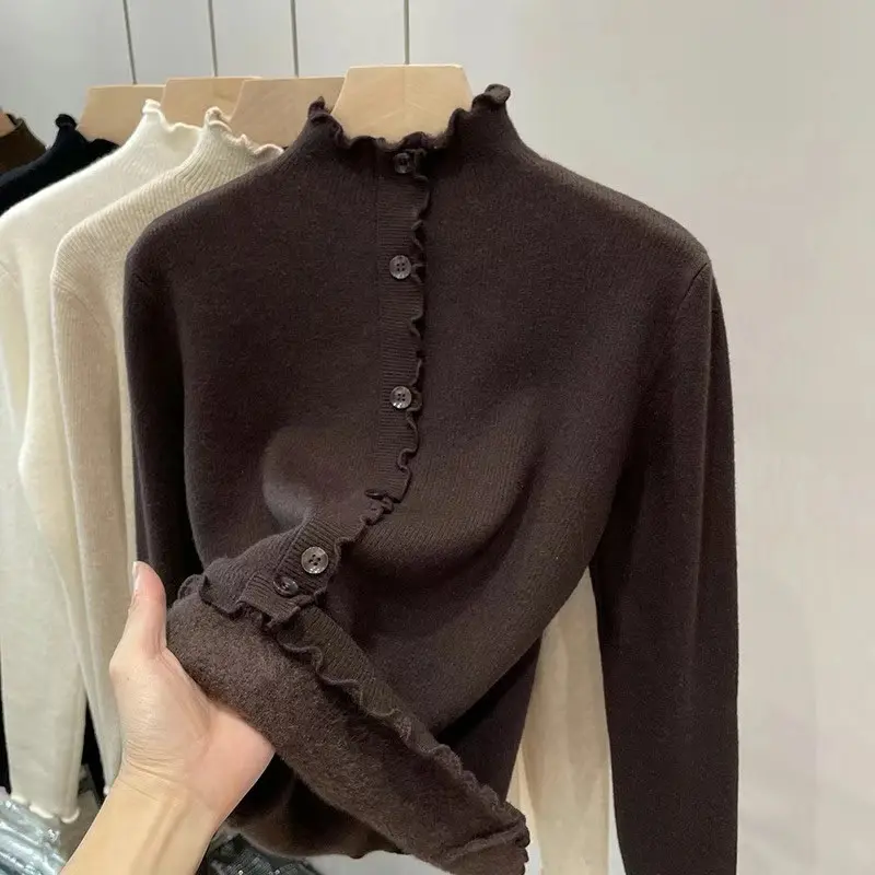 Áo Len Đồ Lót Dày Dặn, Dây, Cổ Lọ Nửa, Lót Lông Cừu, Lót Lông Cừu Một Lớp, Thích Hợp Cho Mùa Thu Và Mùa Đông Của Phụ Nữ, Áo Dệt Kim, Dễ Phối Đồ Bên Trong Giữ Nhiệt 1