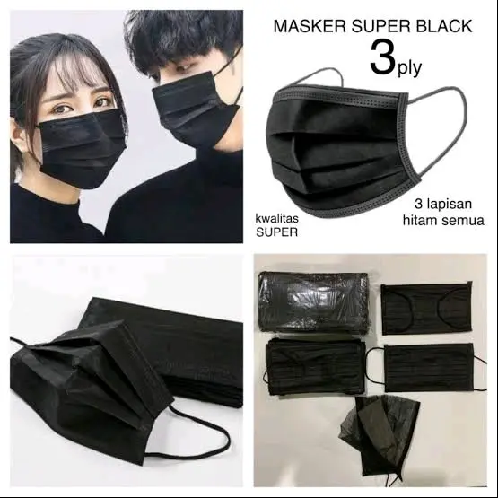 Masker Earloop polos hitam non hijab cantolan Isi 50 pcs 3PLY 5