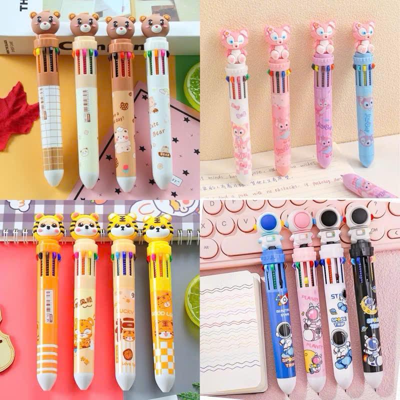 Bút Bi Bấm 10 Màu Mẫu Hoạt Hình Gấu Dâu, Melody, Kuromi, Phi Hành Gia, Cappypara, Gấu Trúc, Kỳ Lân Ngòi 0.5mm