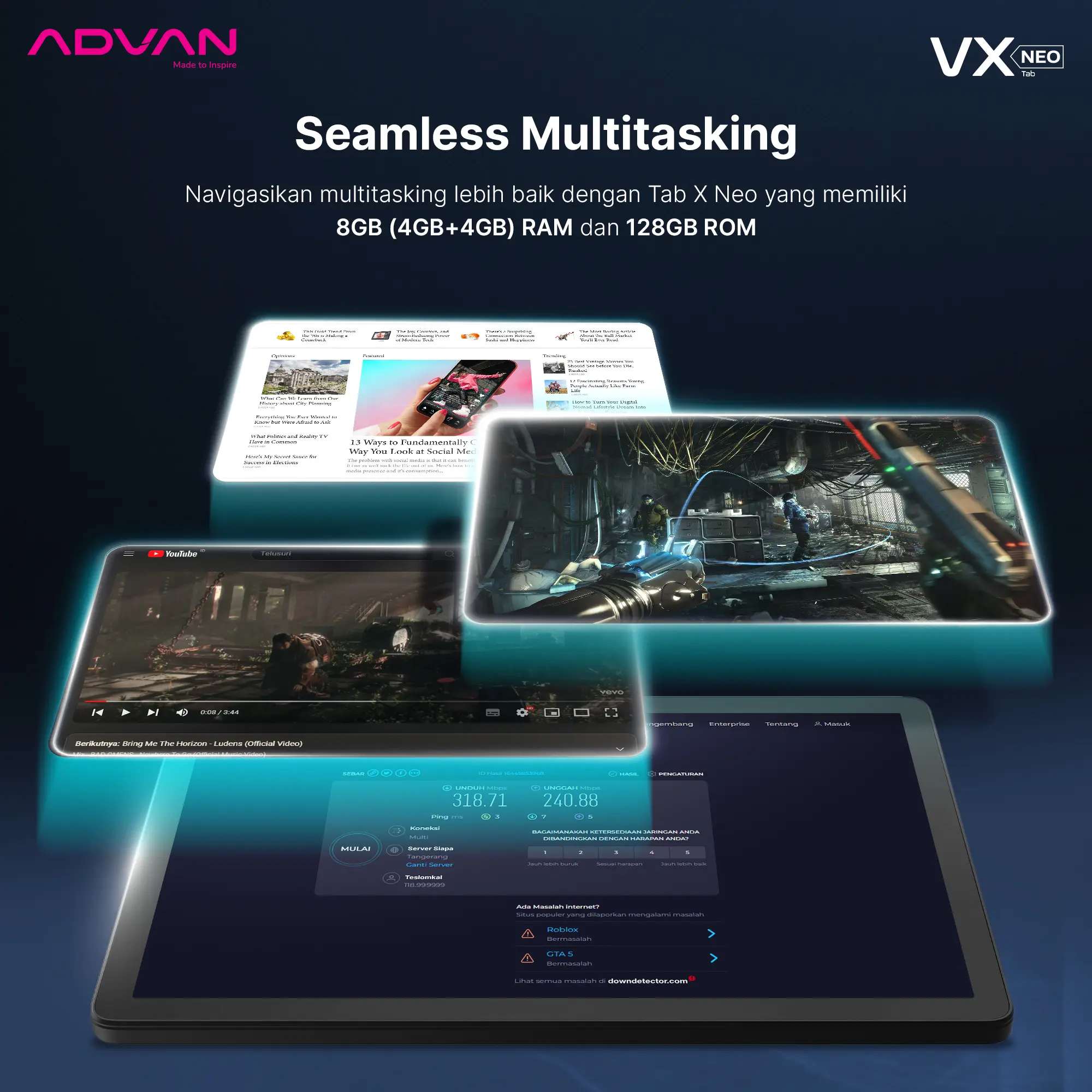 ADVAN VX Neo 4GB/128GB 10.1" inch IPS Dual SIM Tablet Android 14 6200 mAh Garansi 1 Tahun
