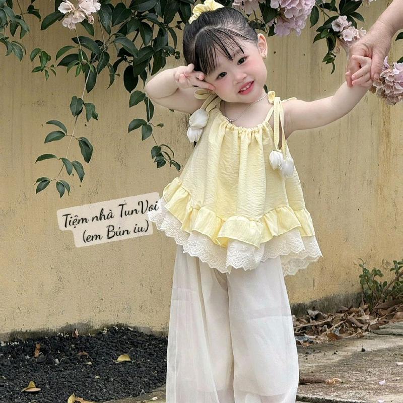 10-35kg tặng dây cột tóc Set áo 2 dây hoa tuylip form babydoll kèm quần voan tơ lót lụa xinh cho bé chất vải mềm mát